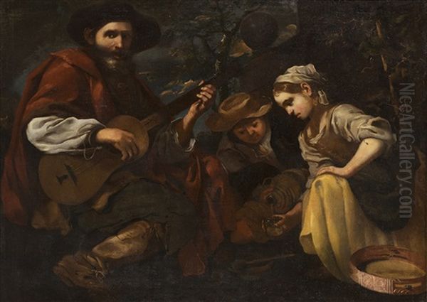 Suonatore Di Chitarra Con Ragazzetto E Bambina Oil Painting by Bernhard Keil