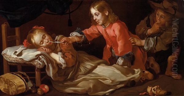 Sleeping Girl With Two Children Playing; And Boys Quarreling Oil Painting by Bernhard Keil