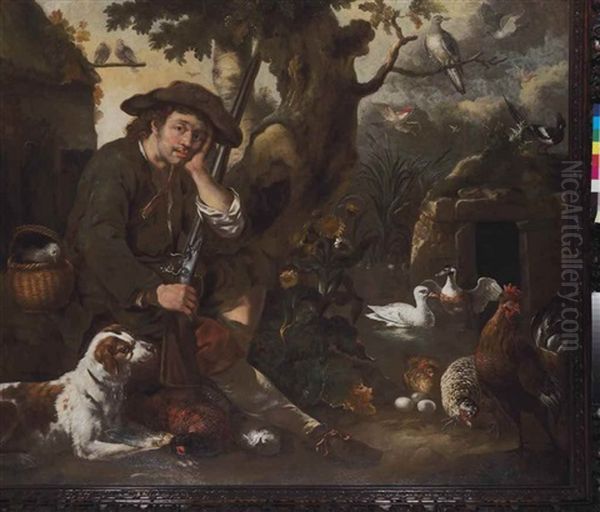 A Huntsman Resting By A Tree With A Hound, Chickens And Other Birds Oil Painting by Bernhard Keil