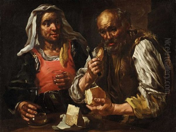 A Pair Of Farmers Eating - The Sense Of Taste Oil Painting by Bernhard Keil