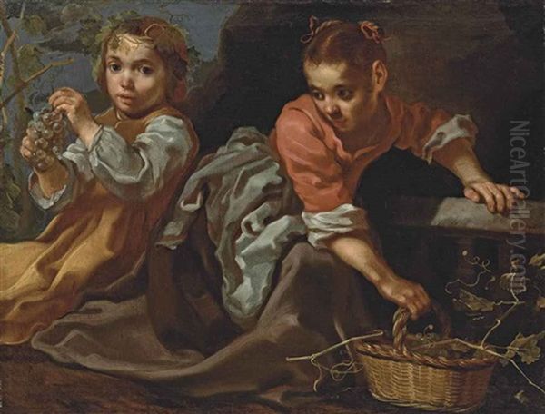 Allegory Of Autumn, Or Taste: Two Children With A Basket Of Grapes Oil Painting by Bernhard Keil