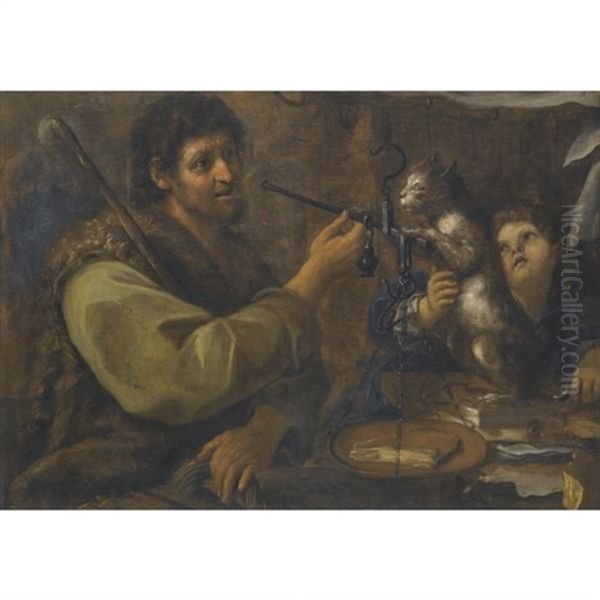 A Shepherd Weighing A Slice Of Ham, Beside A Cat And A Young Boy Oil Painting by Bernhard Keil