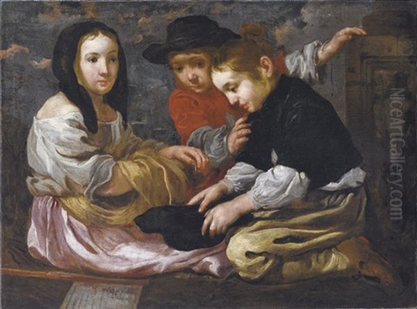 Tre Ragazzi Che Giocano A Cappelletto (allegoria Della Vista) Oil Painting by Bernhard Keil