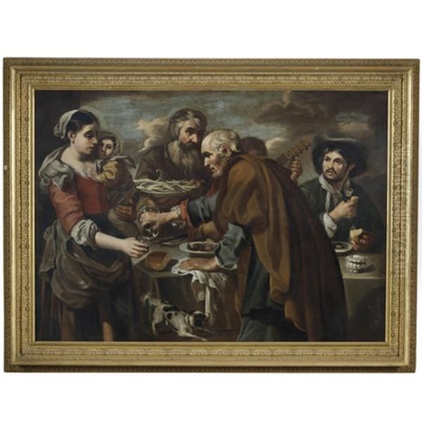 A Roman Street Scene With Peasants Eating And Drinking, Possibly Representing The Five Senses Oil Painting by Bernhard Keil