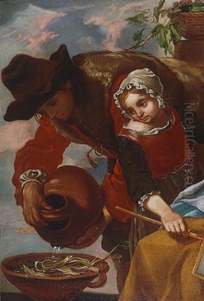 A Man Pouring Water On A Bowl Of Beans, A Young Girl Nearby by Bernhard Keil