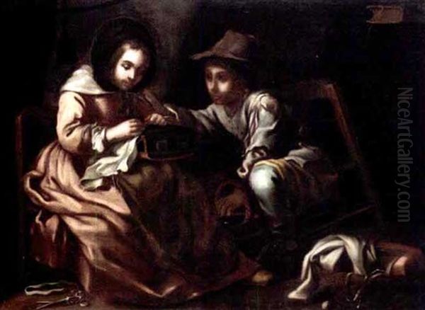 An Interior With A Young Seamstress Together With A Young Boy Carrying A Brazier (an Allegory Of Winter?) Oil Painting by Bernhard Keil