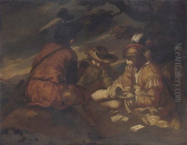 Youths Playing Cards In A Landscape Oil Painting by Bernhard Keil