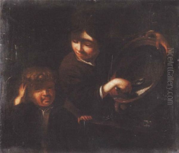 A Boy Eating Porridge Out Of A Large Bowl With His Brother Looking On Oil Painting by Bernhard Keil