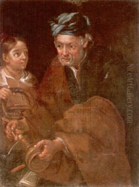 An Old Man Lighting A Candle With A Young Girl Oil Painting by Bernhard Keil