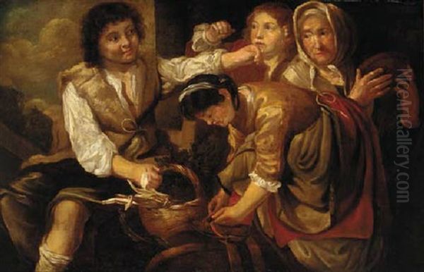 A Maid And A Girl With Two Youths Fighting Oil Painting by Bernhard Keil