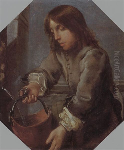 A Boy At A Well Filling A Bucket With Water Oil Painting by Bernhard Keil