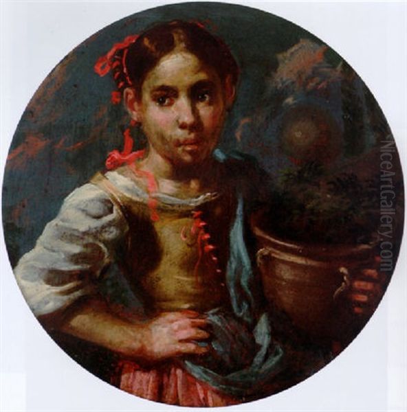 A Allegory Of Summer: A Girl Holding An Earthenware Pot With Flowers Oil Painting by Bernhard Keil