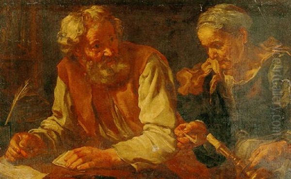 An Old Man And Woman Placing A Wax Seal On A Letter Oil Painting by Bernhard Keil