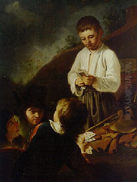 Youths Playing Cards Oil Painting by Bernhard Keil