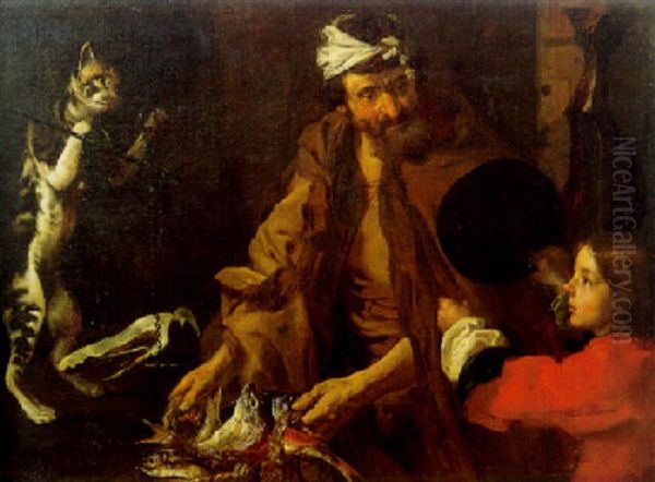 A Fishmonger, A Boy And A Cat Weighing A Piece Of Ham On Scales Oil Painting by Bernhard Keil