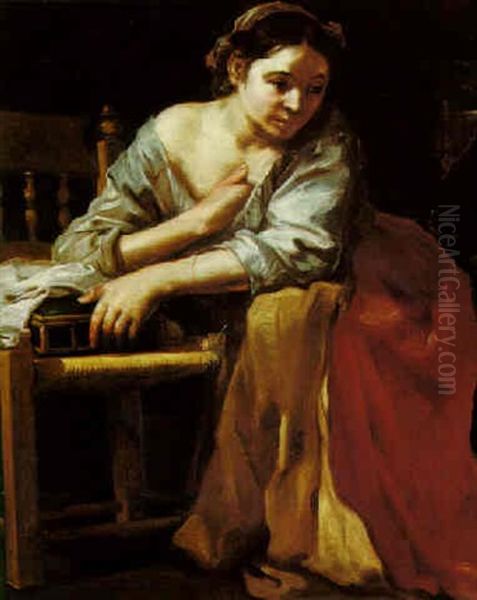 A Seated Young Woman Holding A Box Oil Painting by Bernhard Keil