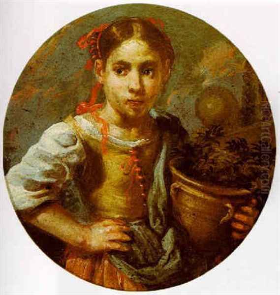 A Young Girl Holding A Plot Oil Painting by Bernhard Keil