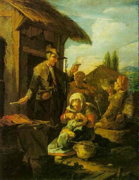 Peasants Singing And A Woman Delousing Her Child Outside At An Inn Oil Painting by Bernhard Keil