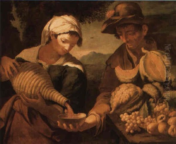 A Serving Girl Pouring Wine For A Fruit Seller Oil Painting by Bernhard Keil