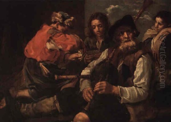 Four Peasants In A Landscape: Allegory Of Hearing And Sight Oil Painting by Bernhard Keil