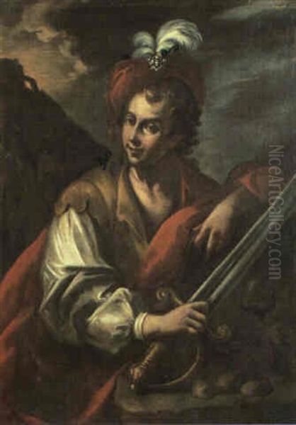 David Clutching His Sword In His Right Hand And Leaning     Against The Head Of Goliath On A Stone Plinth Oil Painting by Bernhard Keil