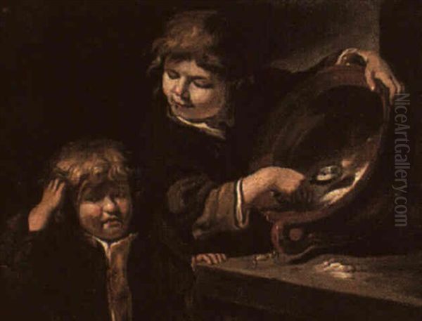 Two Boys With An Earthenware Bowl Oil Painting by Bernhard Keil