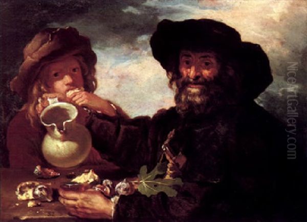 An Allegory Of Taste - An Old Man And A Boy Eating Figs And Drinking Wine Oil Painting by Bernhard Keil