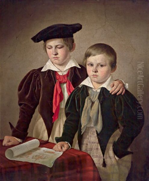 Kniestuck Zweier Knaben Am Tisch Oil Painting by Friedrich Keil