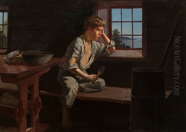 A Boy By The Window Oil Painting by Sigfrid August Keinanen