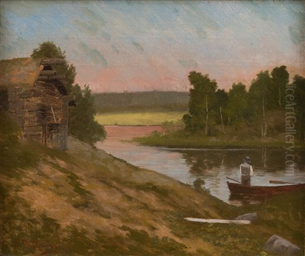 Fishing At Dusk Oil Painting by Sigfrid August Keinanen