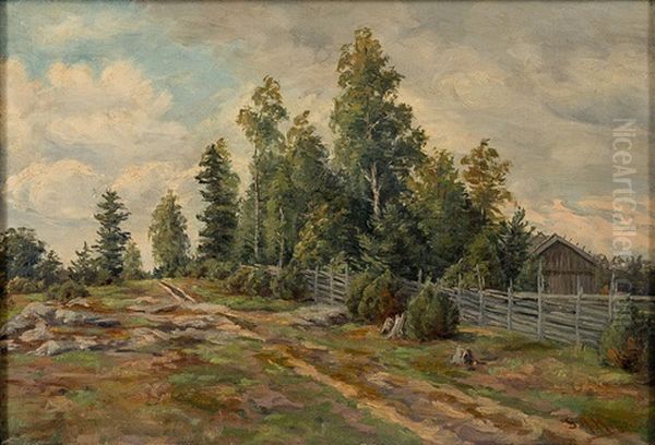 Summer Landscape With Roundpole Fence Oil Painting by Sigfrid August Keinanen