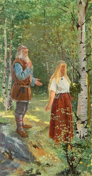 Vainamoinen And Aino Oil Painting by Sigfrid August Keinanen