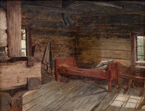 In The Hut Oil Painting by Sigfrid August Keinanen