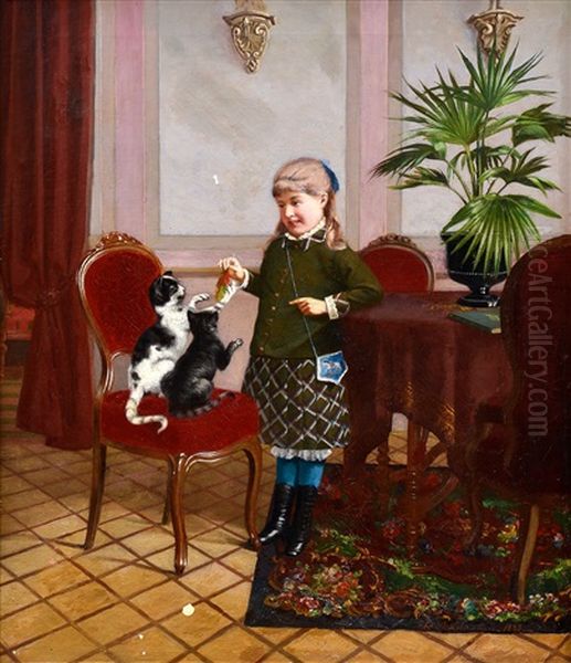 A Girl With Cats Oil Painting by Sigfrid August Keinanen