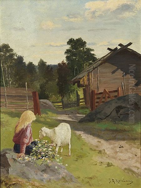 Girl And A Lamb Oil Painting by Sigfrid August Keinanen