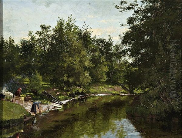 Laundry Spot By A River Oil Painting by Sigfrid August Keinanen