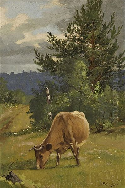 Cow On A Pasture Oil Painting by Sigfrid August Keinanen