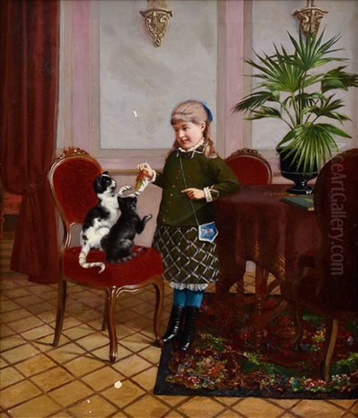 A Girl With Cats Oil Painting by Sigfrid August Keinanen