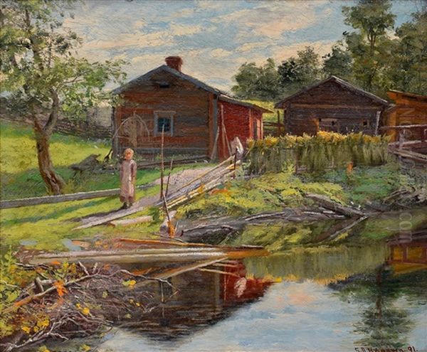 Summer By The Hut Oil Painting by Sigfrid August Keinanen