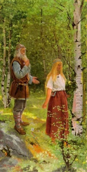 Vainamoinen Ja Aino Oil Painting by Sigfrid August Keinanen