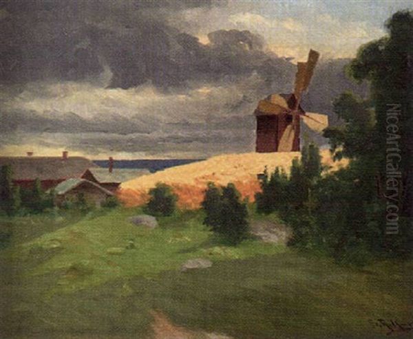 Landskap Med Vaderkvarn Oil Painting by Sigfrid August Keinanen