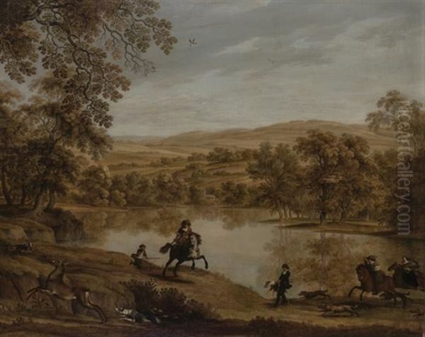 A Stag Hunt Beside A Lake Oil Painting by Alexander Keirincx