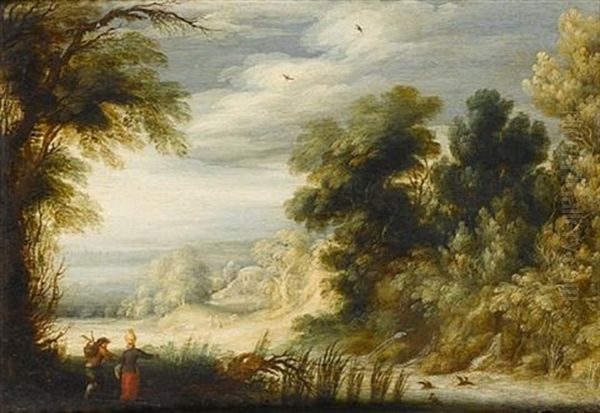 A Wooded River Landscape With A Peasant Couple Collecting Wild Produce And Water Beside A Waterfall Oil Painting by Alexander Keirincx