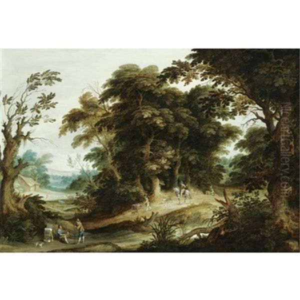 A Wooded Landscape With A Poultry-seller, Travellers And Dogs On A Path Beyond Oil Painting by Alexander Keirincx