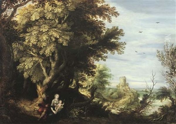 A Wooded Landscape With The Rest On The Flight Into Egypt Oil Painting by Alexander Keirincx