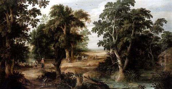 A Wooded Landscape With A Hunter And His Dog Beside A Pool, Travellers On A Path Beyond Oil Painting by Alexander Keirincx