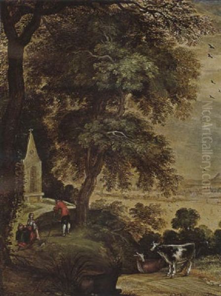 A Wooded Landscape With Figures And Cows Resting On A Path Near A Church Oil Painting by Alexander Keirincx