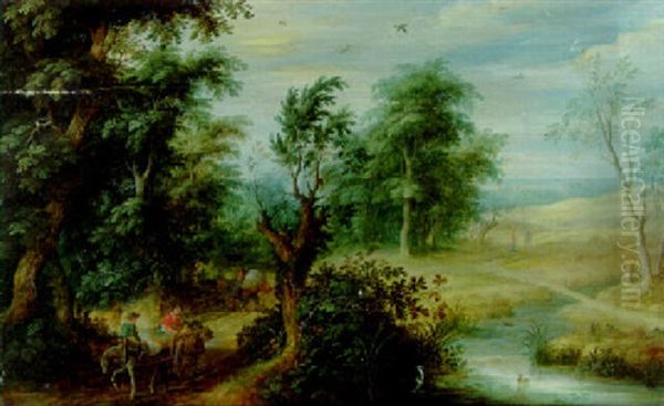 Wooded River Landscape With Peasants, A Cart And Travellers On A Path Oil Painting by Alexander Keirincx