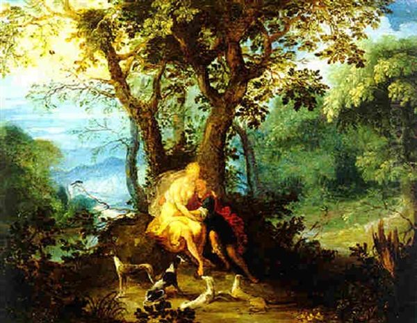 Venus Und Adonis In Einer Waldlandschaft by Alexander Keirincx