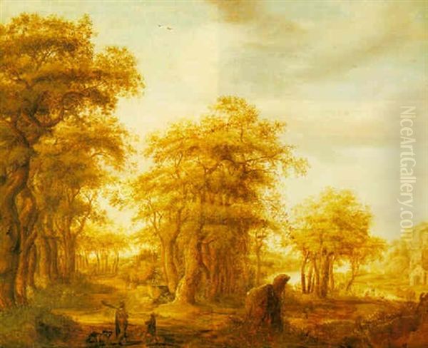 Wooded River Landscape With Huntsmen On A Path In The Foreground Oil Painting by Alexander Keirincx